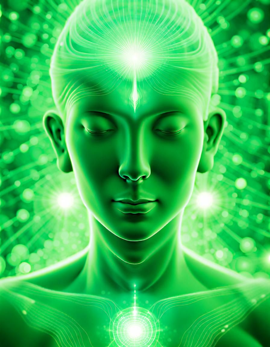 an enlightened being, soft green light radiating from the ch...