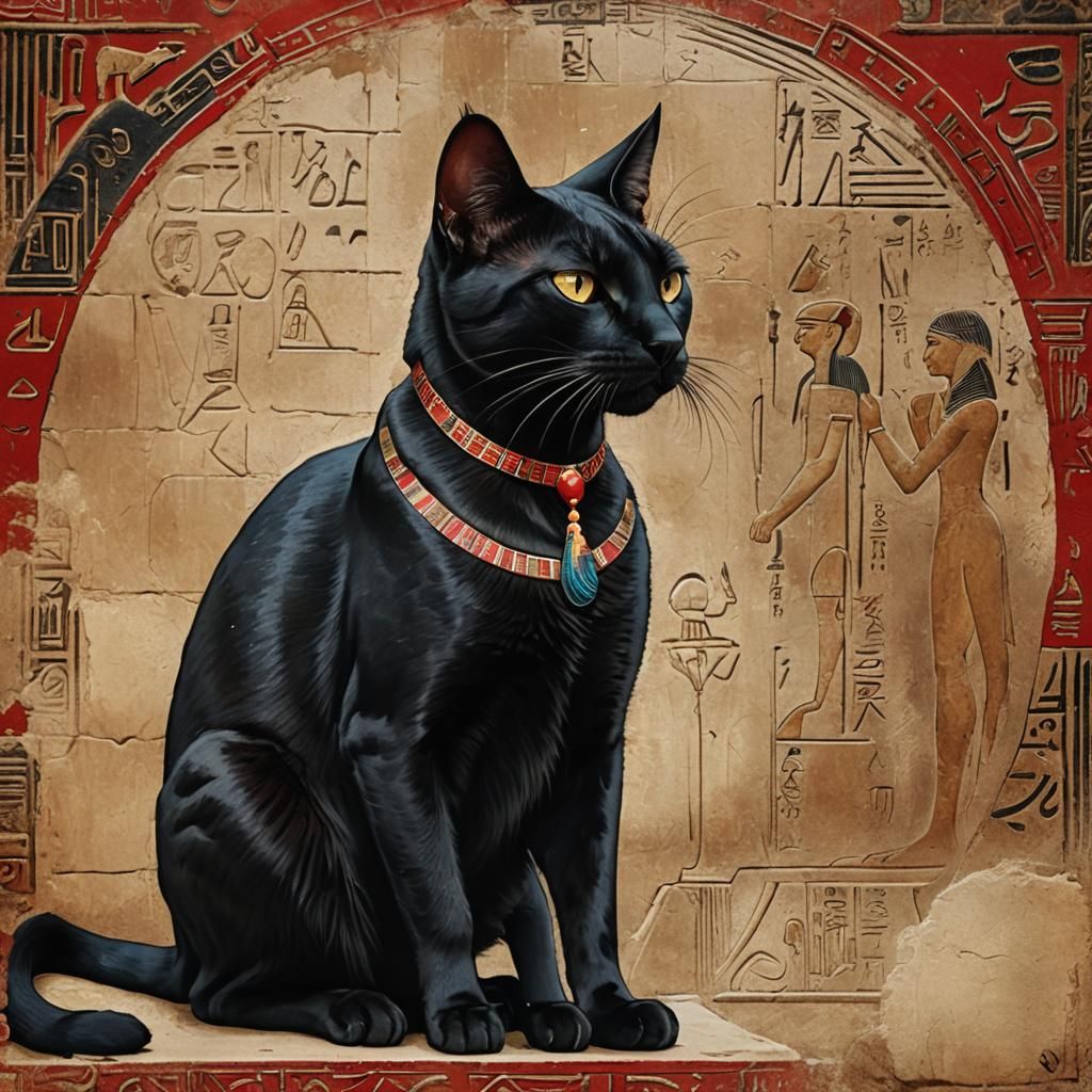 Sleek Black Egyptian Cat Profile with Hieroglyphs