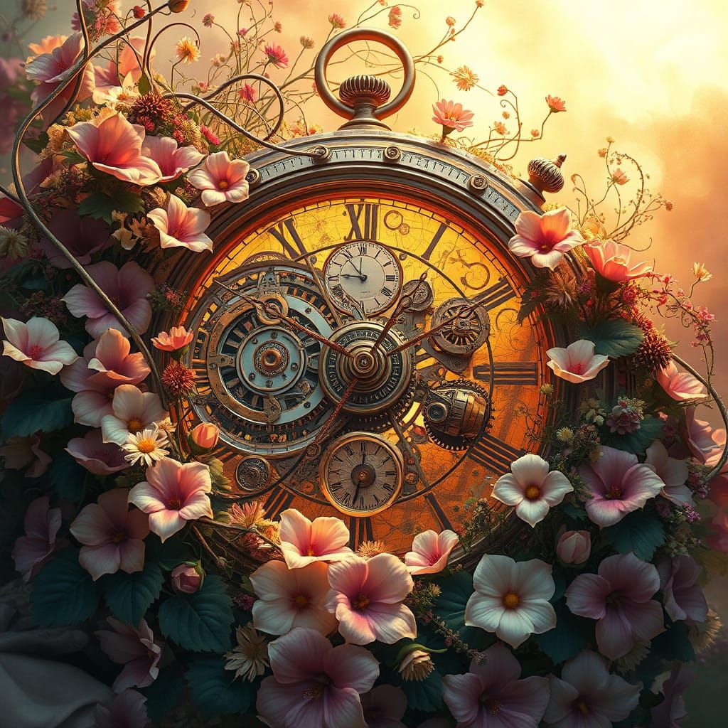 Surreal Clockwork Garden in Warm Golden Light