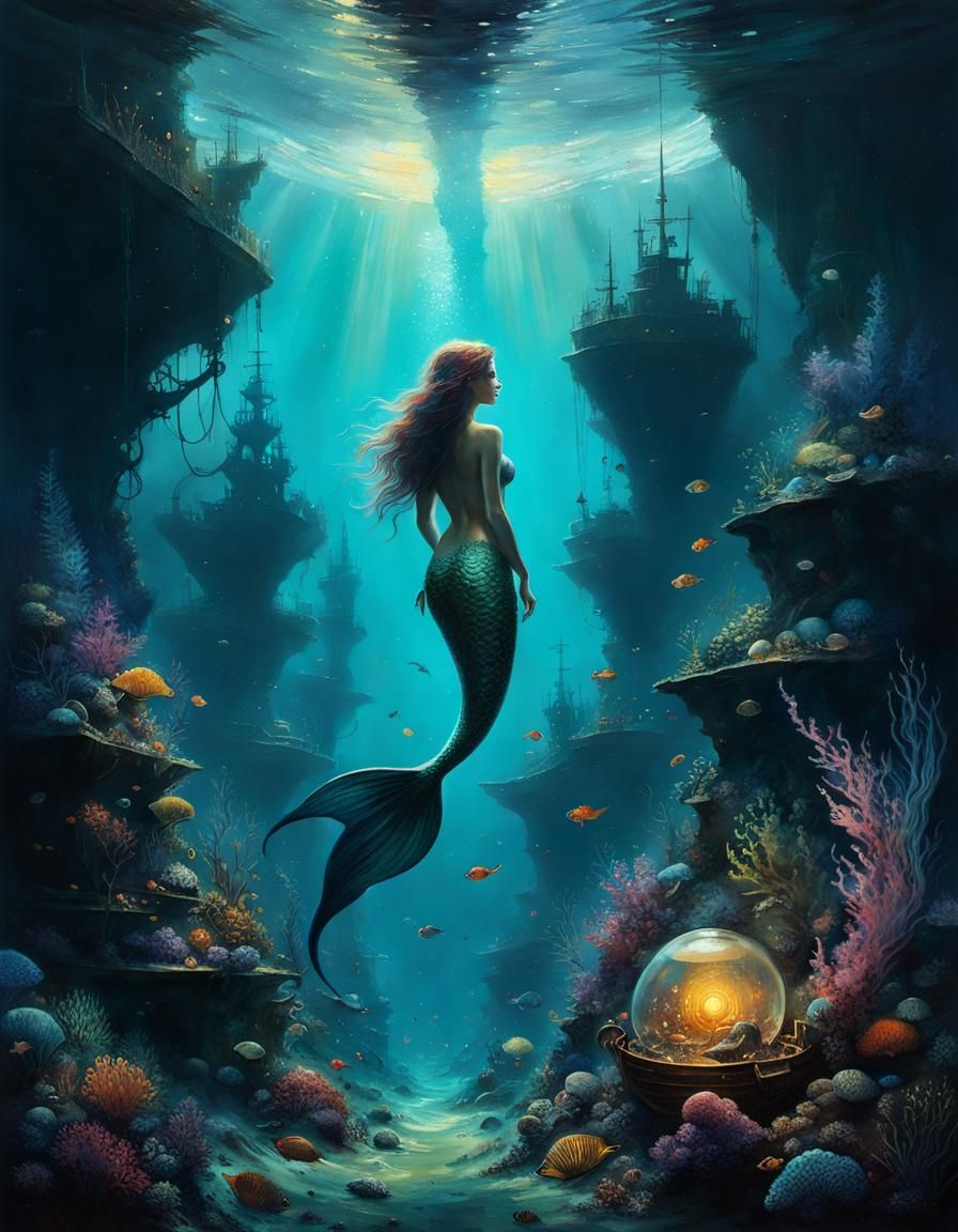 Mermaid's Sunken Treasure: Hyperrealistic Deep Sea Art