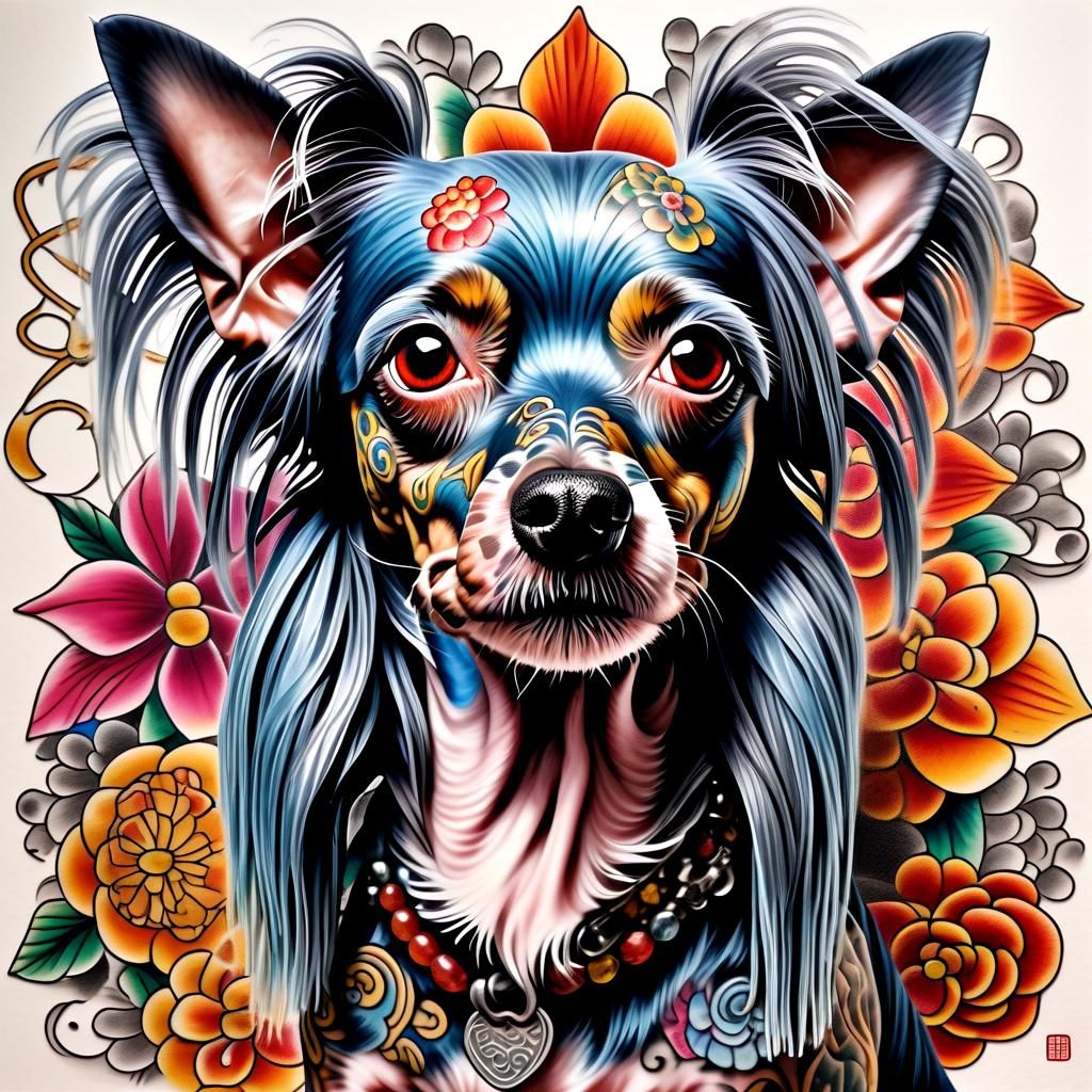 Tattooed Chinese Crested Dog: Hyperrealistic Art