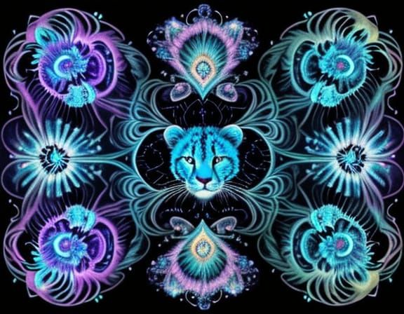 Bioluminescent Cheetah Dreamscape Portrait in Zentangle Styl...