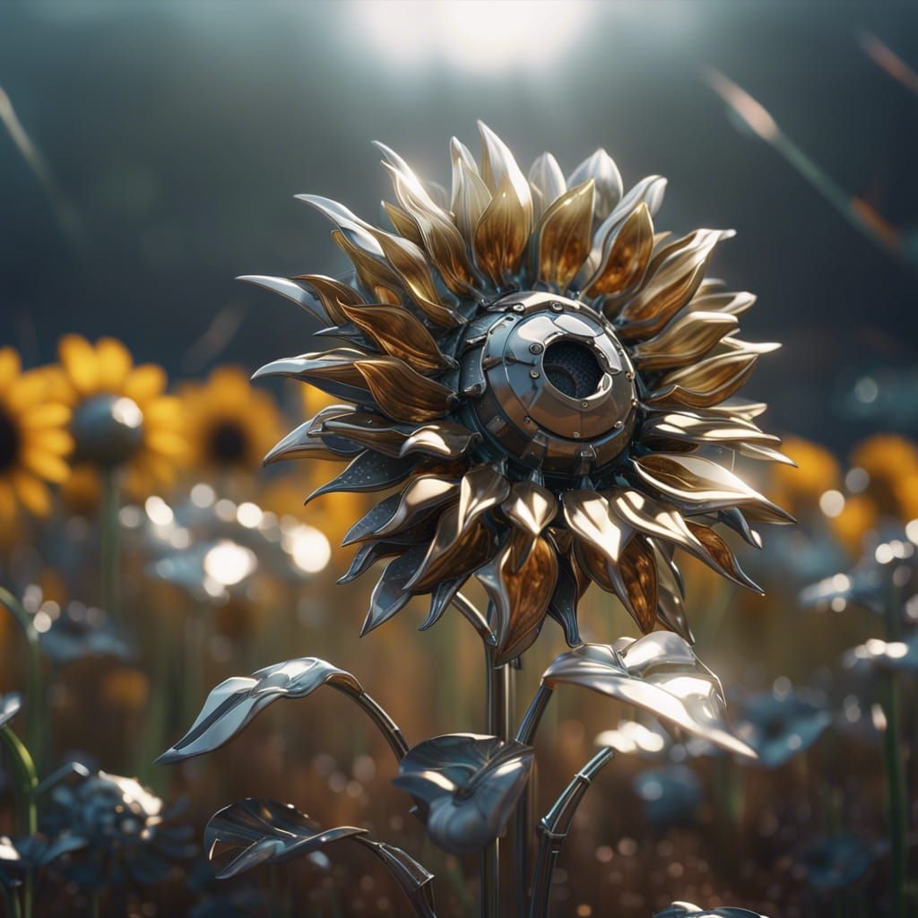 Metal Sunflower in Flower Field: Sci-Fi Art