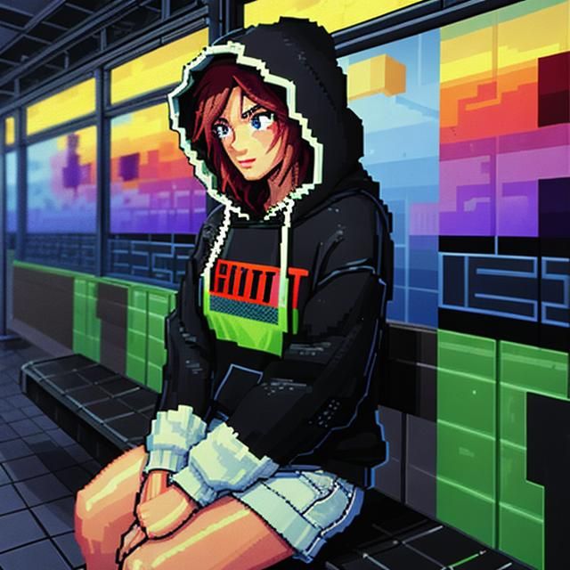 Girl with Puppy at Bus Stop in Pixel Art