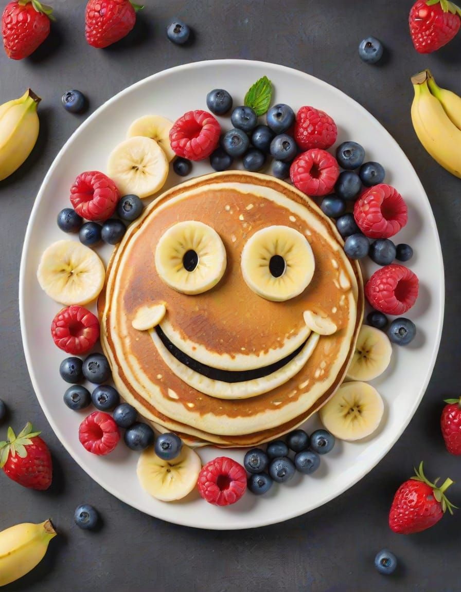 Fluffy Pancakes Form a Joyful Smile Face with Berries and Ba...