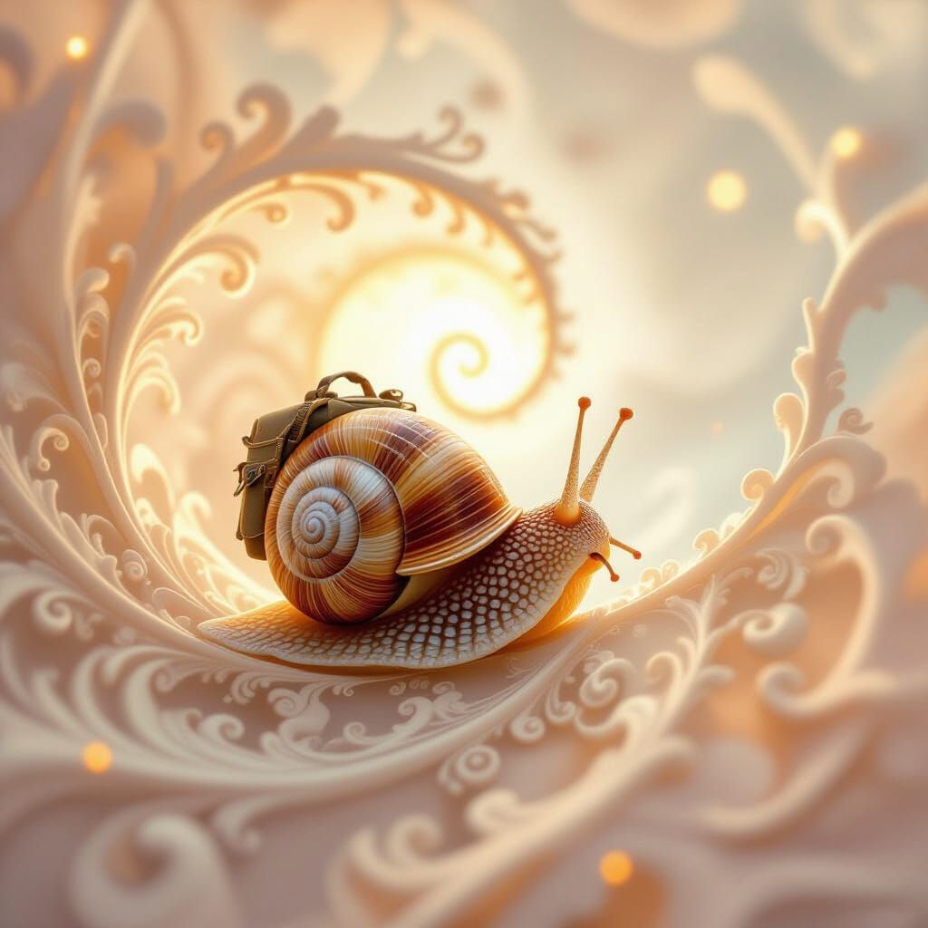 Snail's Fibonacci Journey in Dreamy Digital Art