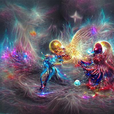 Angel vs Necromancer Over Nebula in Astral Illustration