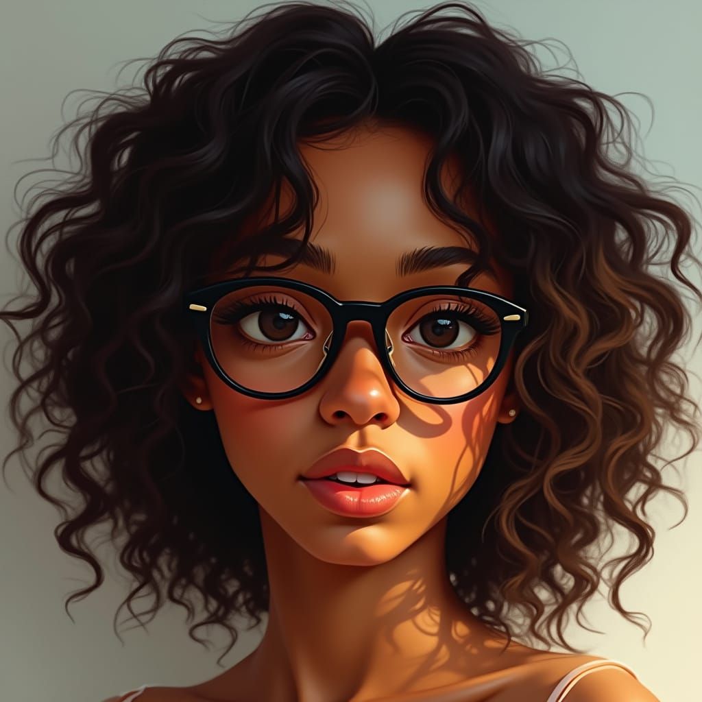 Make an image (face and chest) of a young black woman (about 20 years old). She has a brown dark, medium coily hair, and...