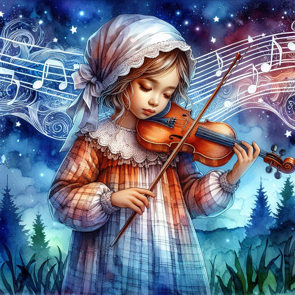 Magical Forest Violin Girl: Watercolor Impasto Portrait