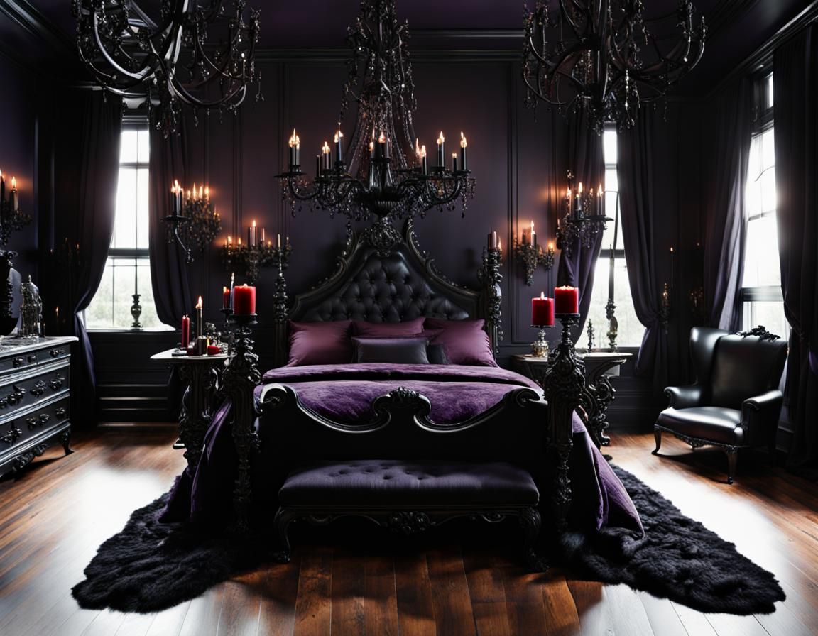 Gothic Baroque Bedroom with Red Moon, Hyperrealistic