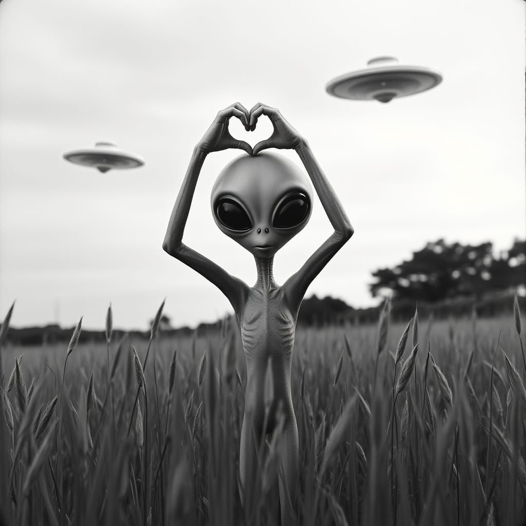 Classic Alien in Whimsical Black-and-White Field Scene