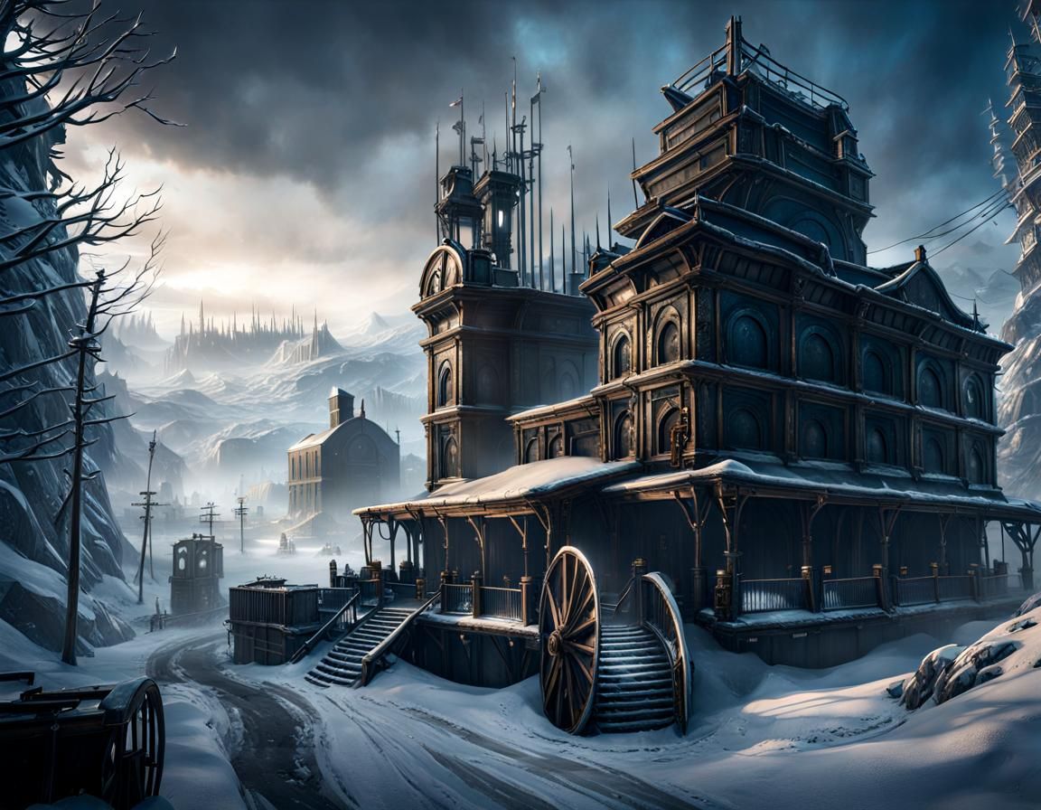 Post-Apocalyptic Steampunk Cityscape in Detailed Matte Paint...