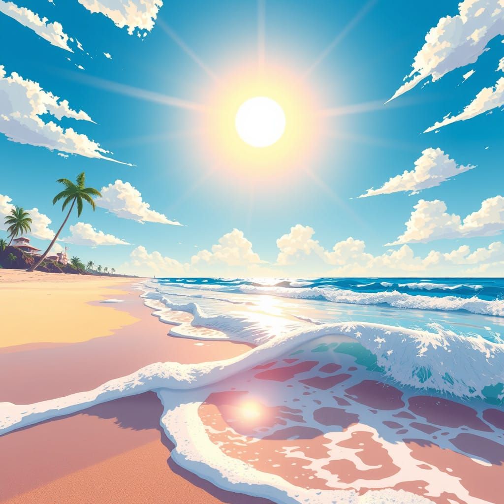 Vibrant Anime Beach Scene with Clear Sky and Gentle Waves