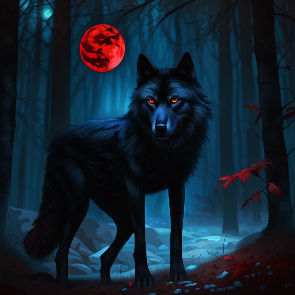 Black Wolf with Red Eyes in Forest