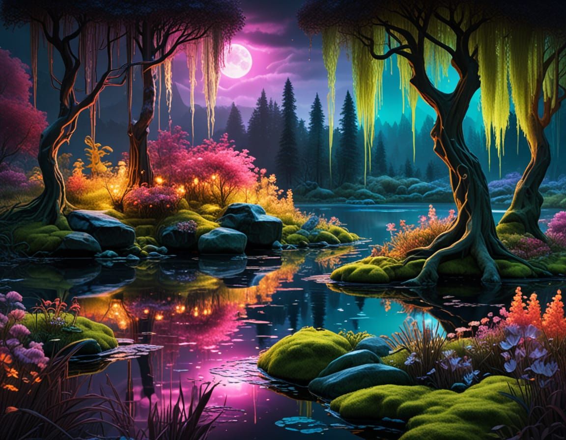 Neon Lit Magical Forest Landscape