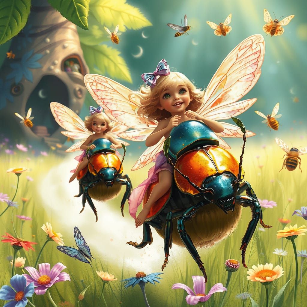 Miniature Fairies in a Whimsical Meadow Chase