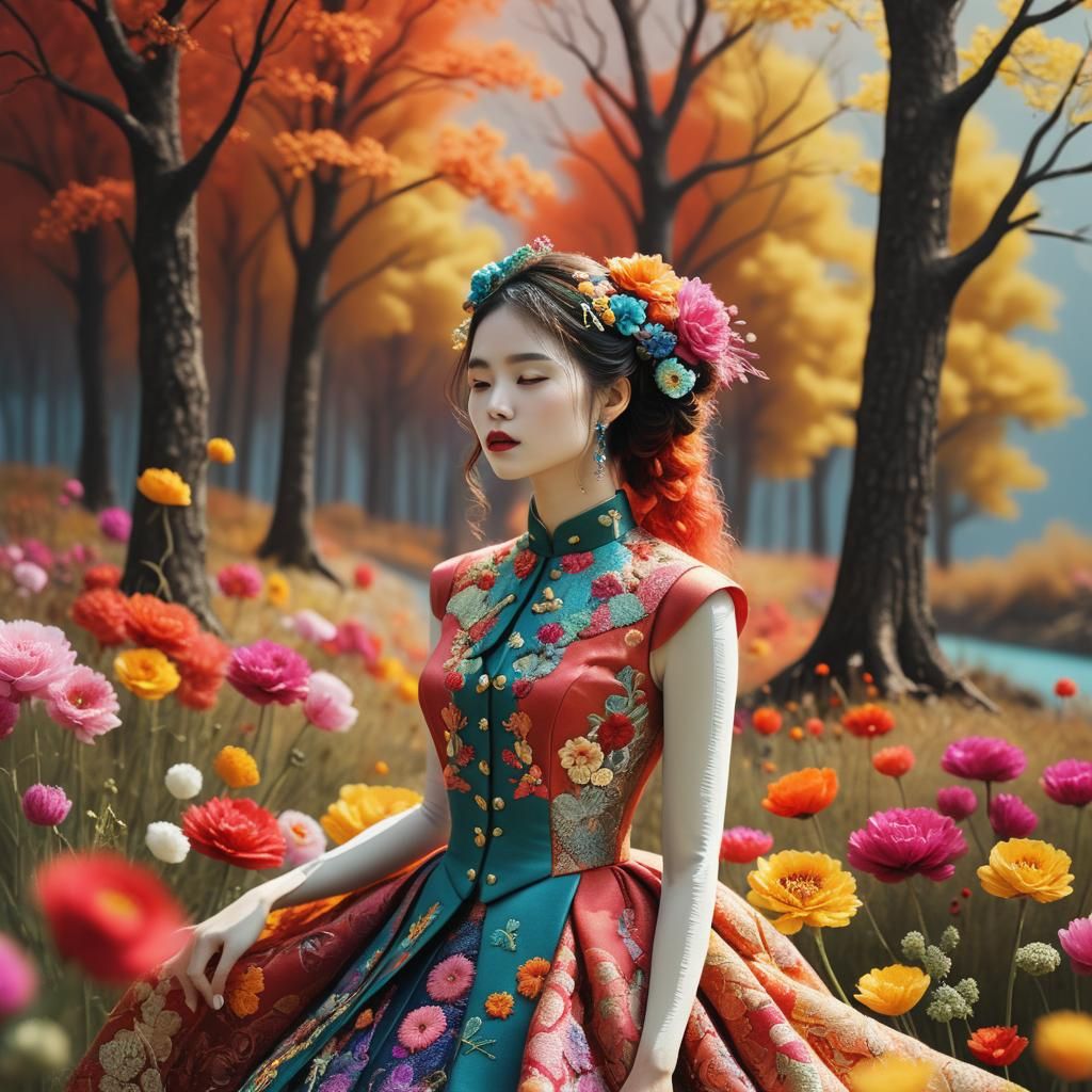 Colorful Needle Craft Embroidery With Brocade Texture