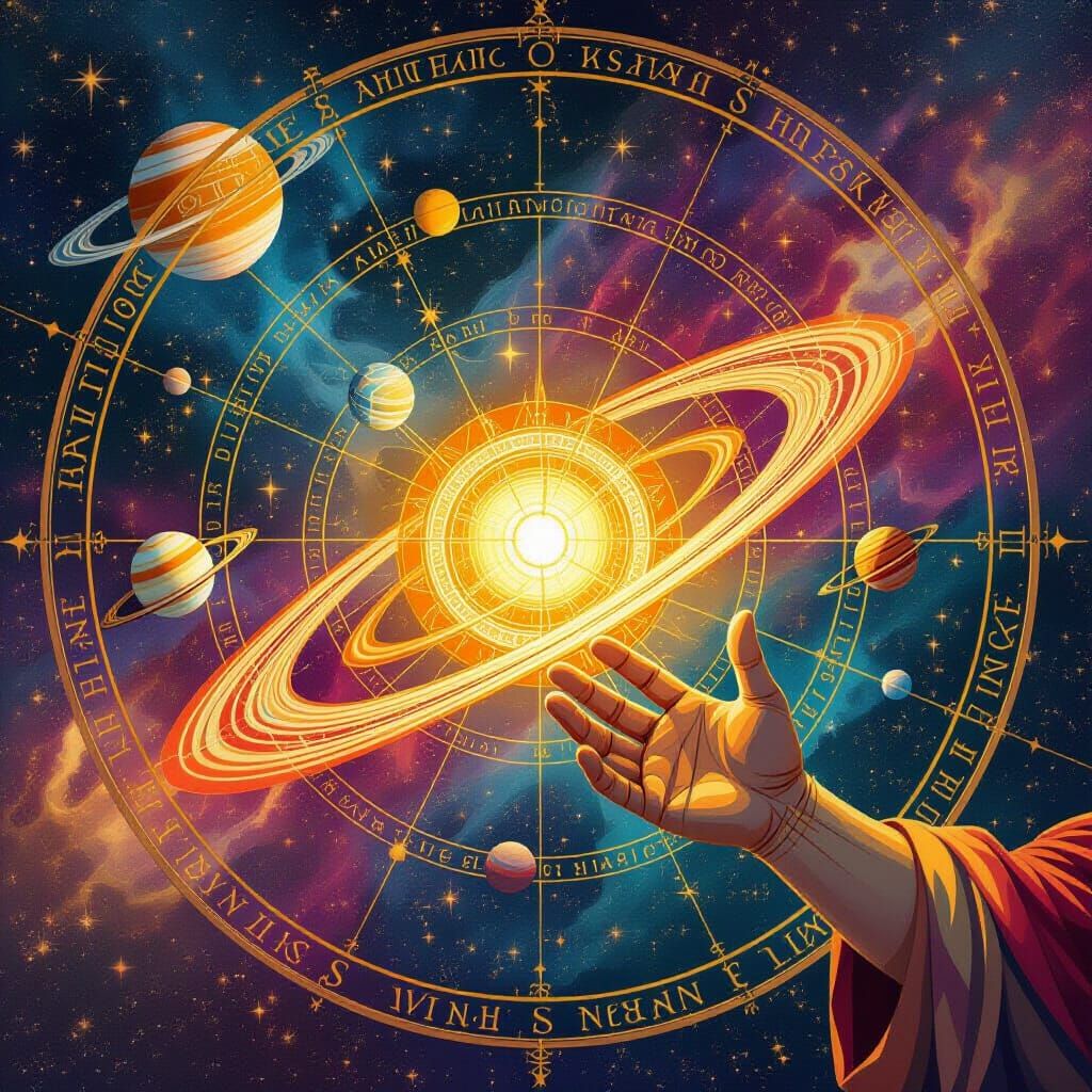 Cosmic Carousel Orrery with Constellations and Divine Hand