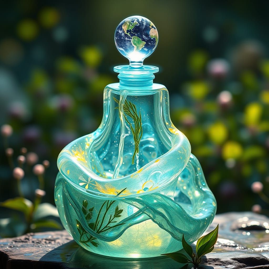 Crystal Potion in Cascading Waterfall with Ethereal Glow