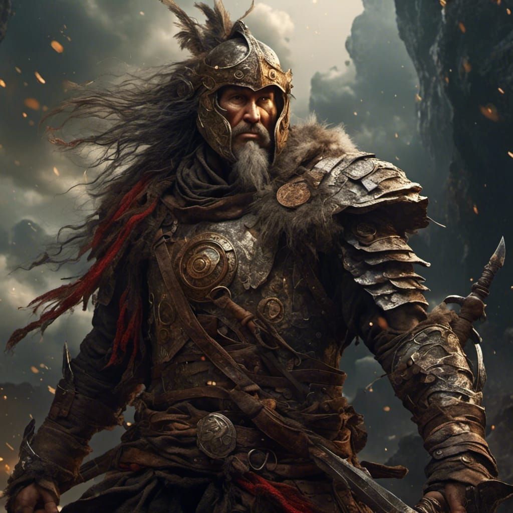 Hyperrealistic Warrior Portrait in Deep Background