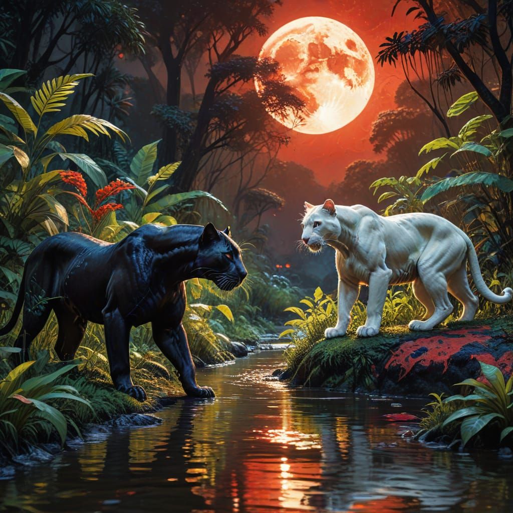 Blended Panthers Drinking Under a Blood Moon: Impasto Art