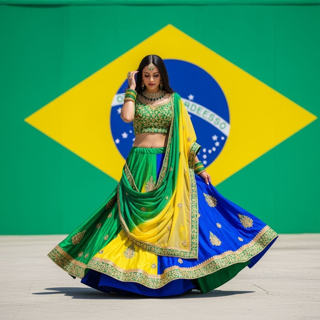 Brazilian Woman in Flag-Colored Lehenga with Gold Embroidery