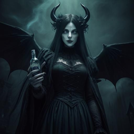 Demon mother. Devil horns wings,
Smiling 
Vodka bottle
Eery ...