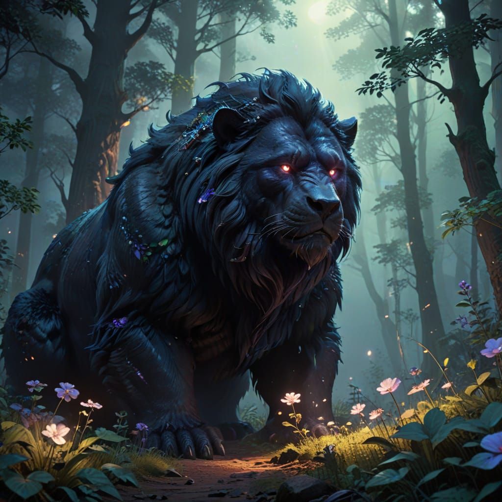 Black Beast Protects Child in Misty Forest