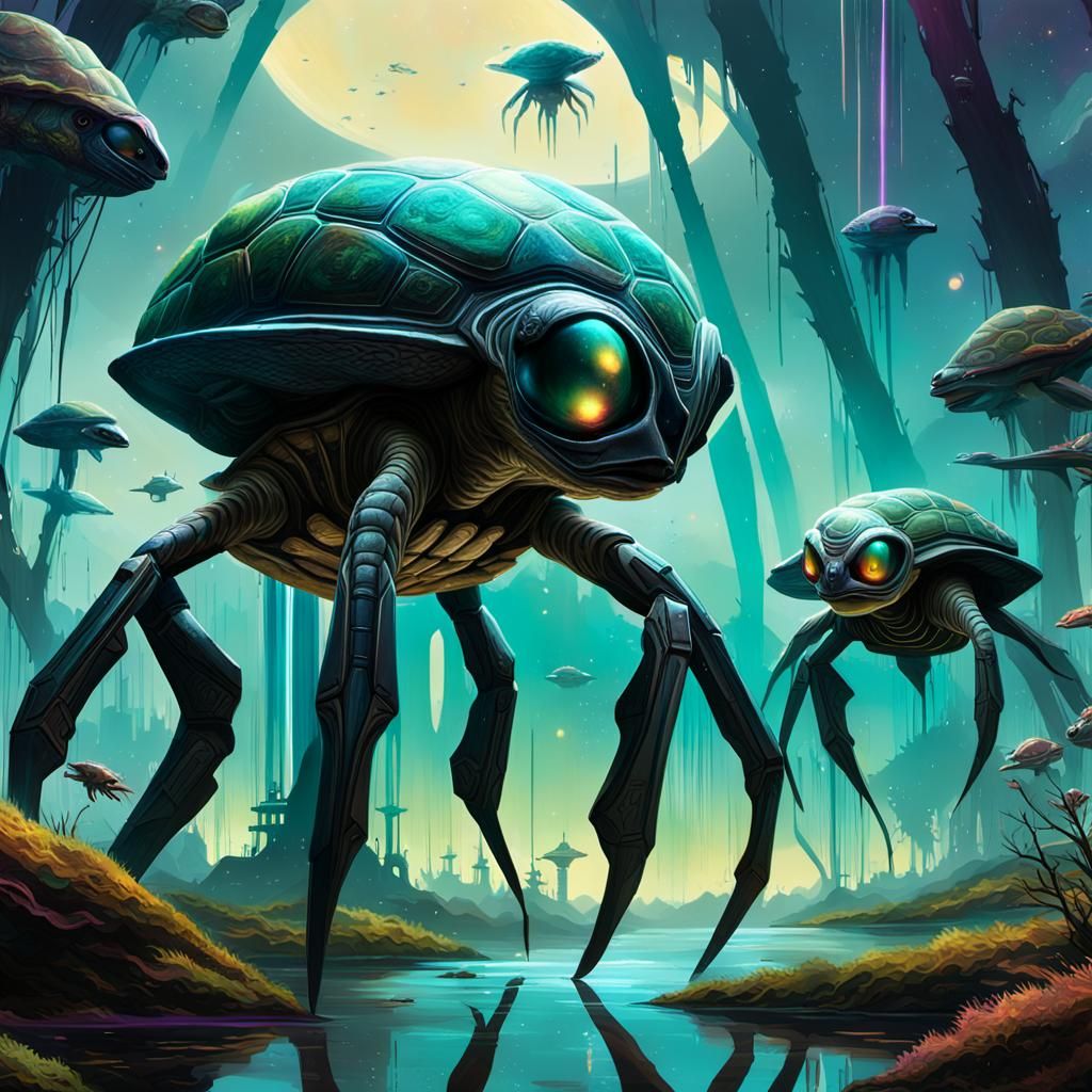 Alien Turtles Soaring Through Space in Sci-Fi Art
