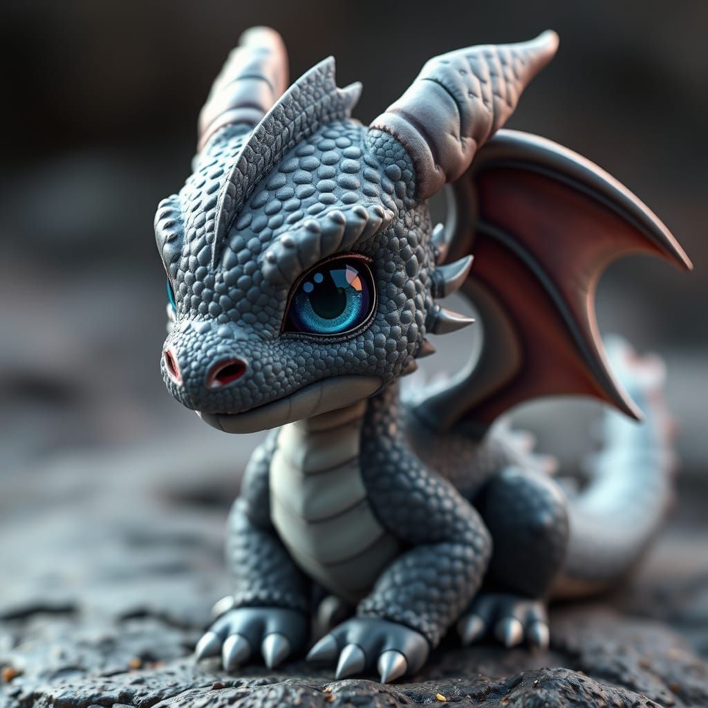 Cute Gray Dragon with Azure Eyes: Detailed Fantasy Art