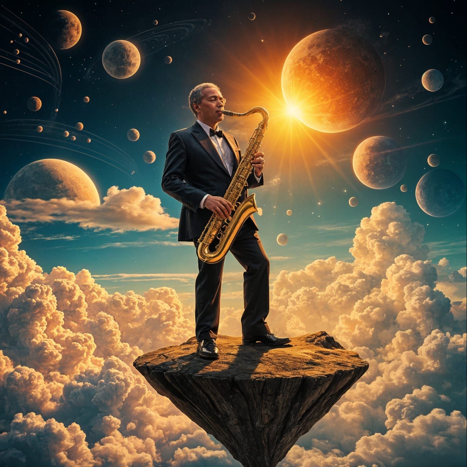 Jazz Musician in Sky, Hyperrealistic Splash Art