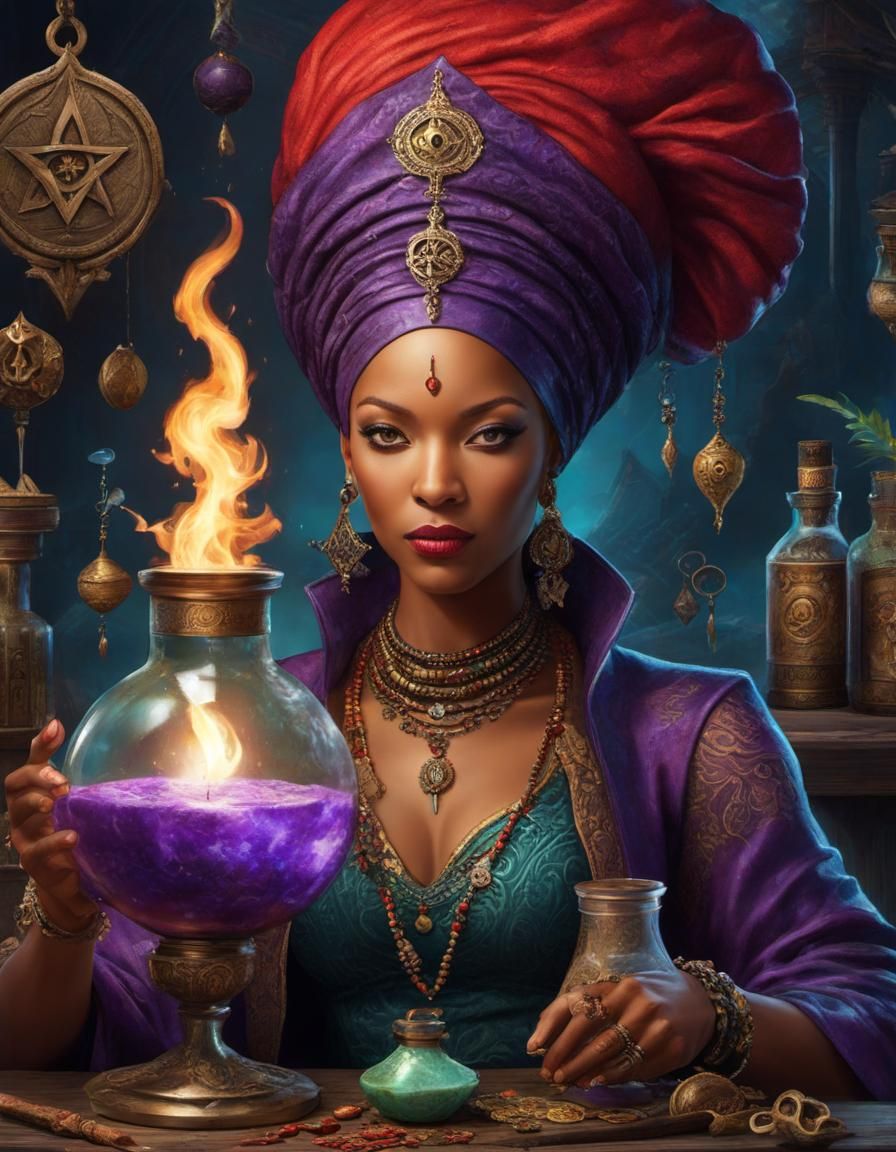 Detailed Sorceress Illustration in Mixed Media Style