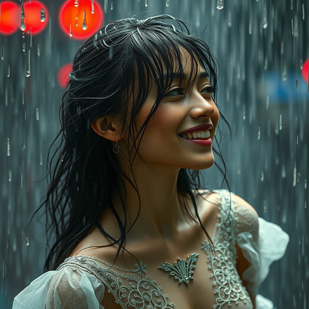 Woman in Wet Dress Smiling in the Rain