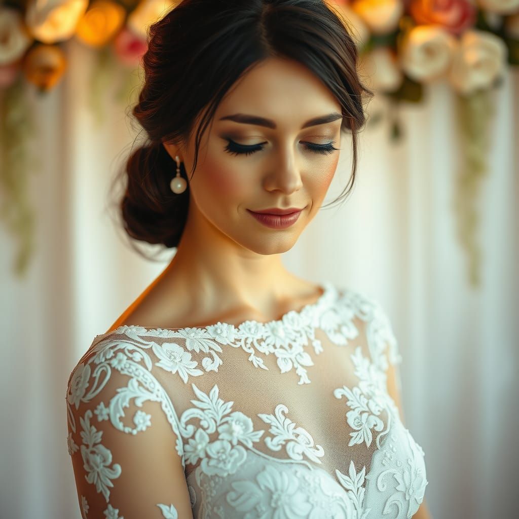 Serene Woman in Vintage Lace Wedding Dress