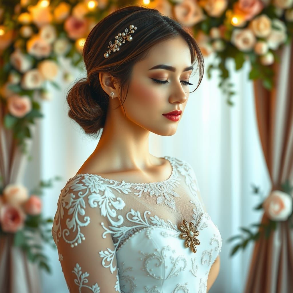 Elegant Bride in Lace Dress, Soft Focus Portrait