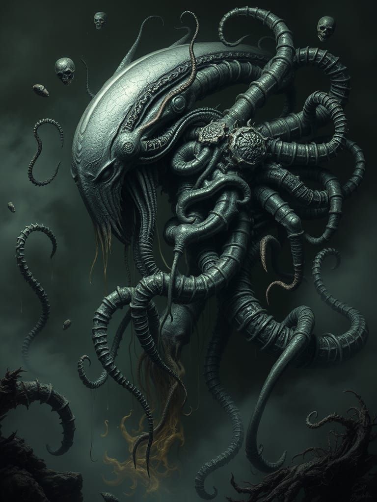 Utterly dark, grotesque Eldritch nightmare scene, biomechanical
