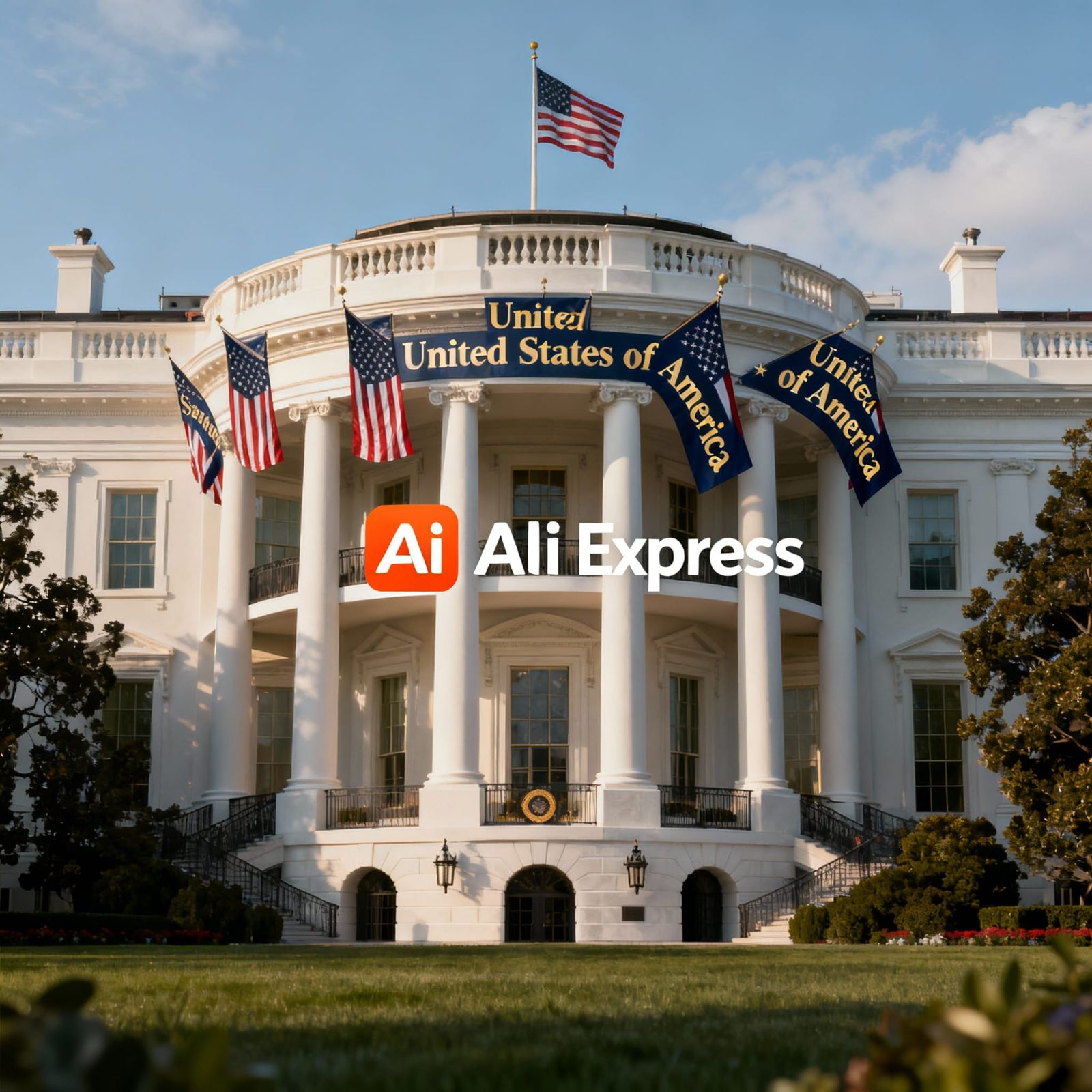 White House with US Flags and Subtle Ali Express Logo