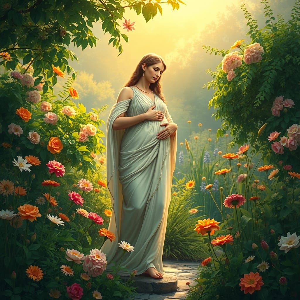 Roman Goddess Juno in Vibrant Pre-Raphaelite Garden