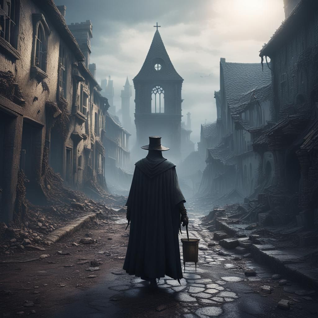Eerie Plague Doctor in Abandoned Medieval Town