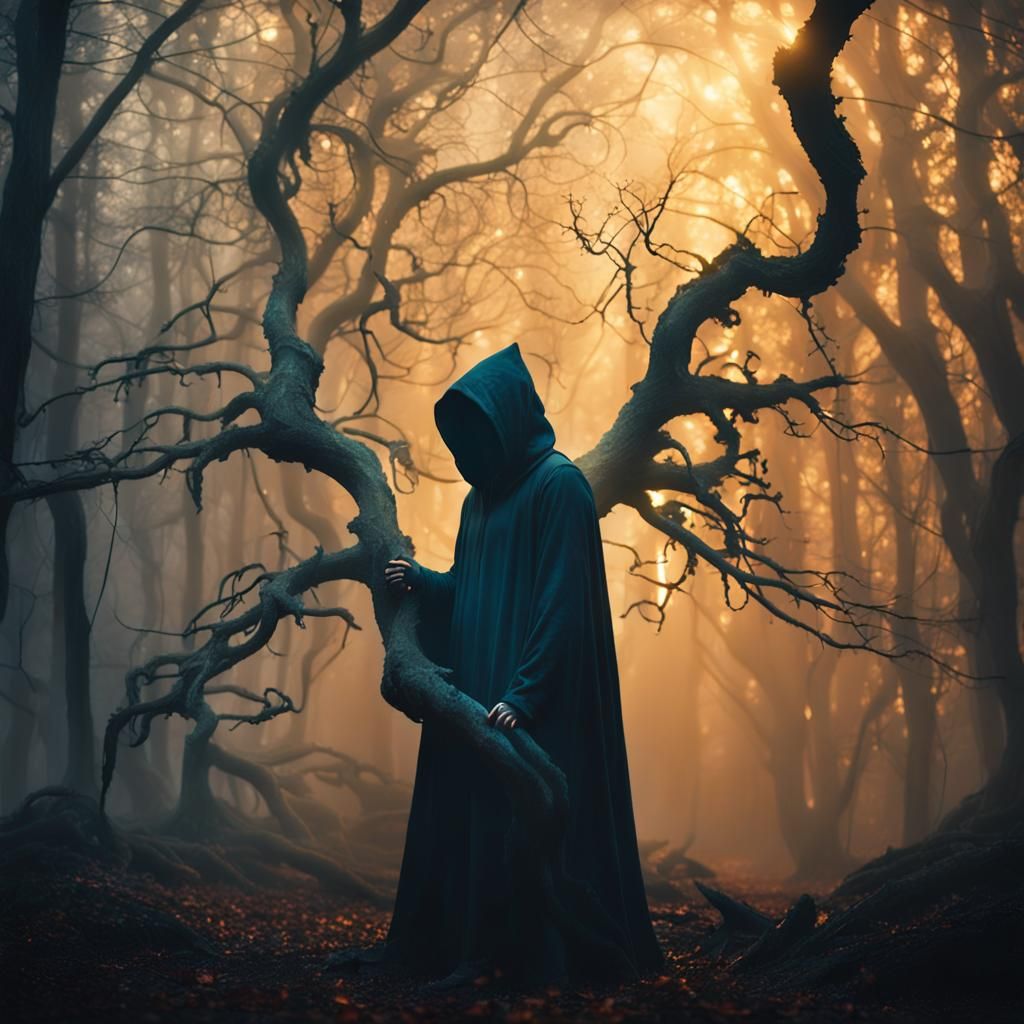 Surrealistic Figure Weighs Fate in Enchanted Forest