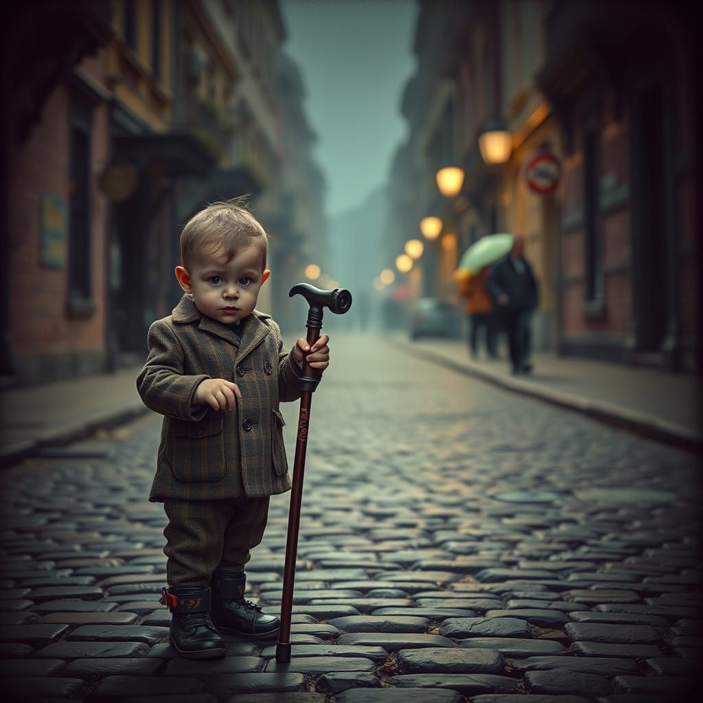 Whimsical Victorian Street Scene with a Creepy Young Figure