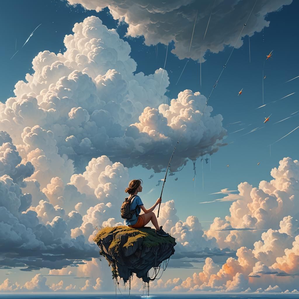 Girl on Cloud with Fishing Rod in Sunset Glow
