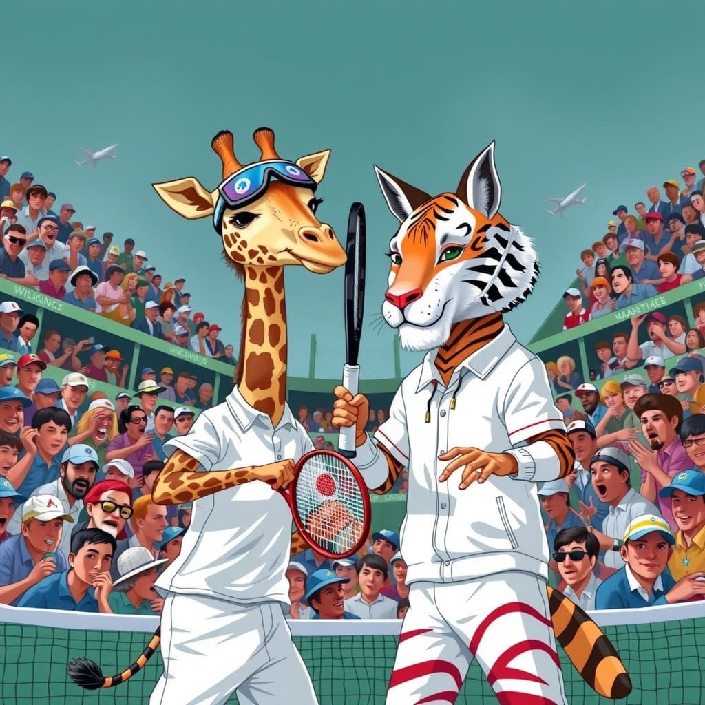 Giraffe vs Puma: Wimbledon Tennis Final Illustration