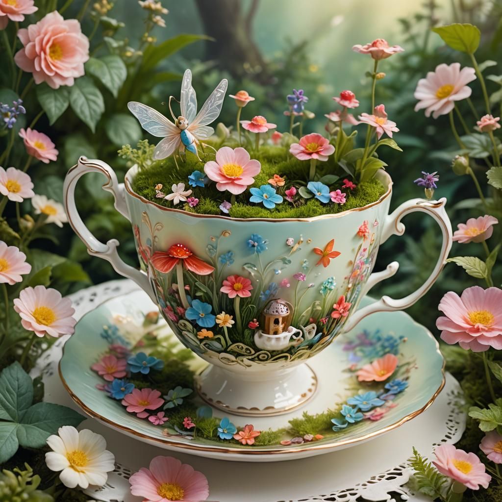Teacup Miniature Garden with Fairy in Fantasy Illustration