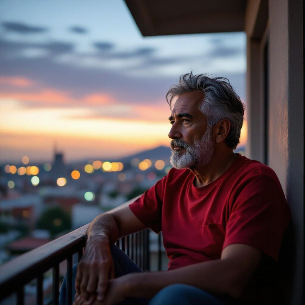 Elderly Mexican Man on Balcony Overlooking City at Dusk