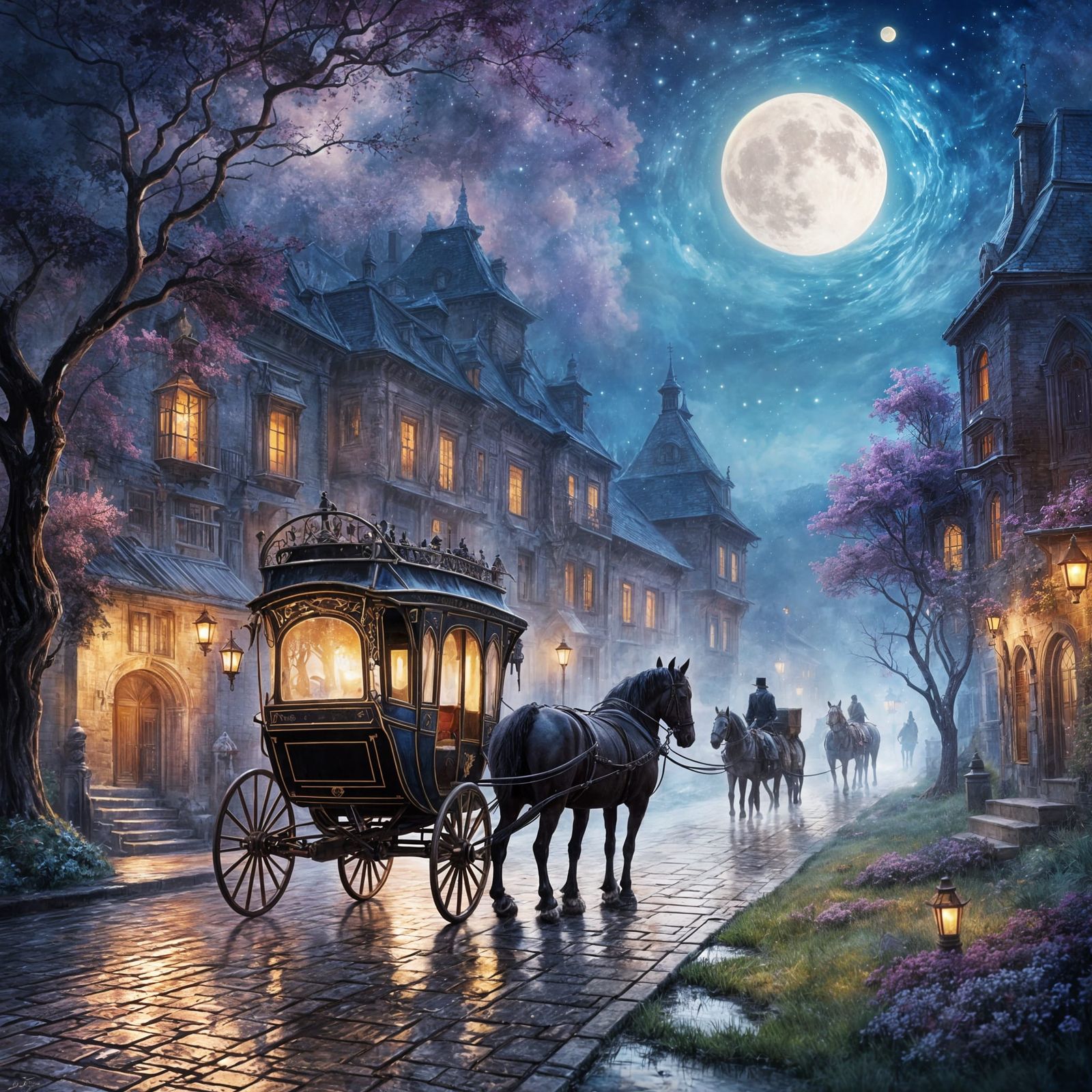 Fantasy Twilight Landscape Painting with Carriage