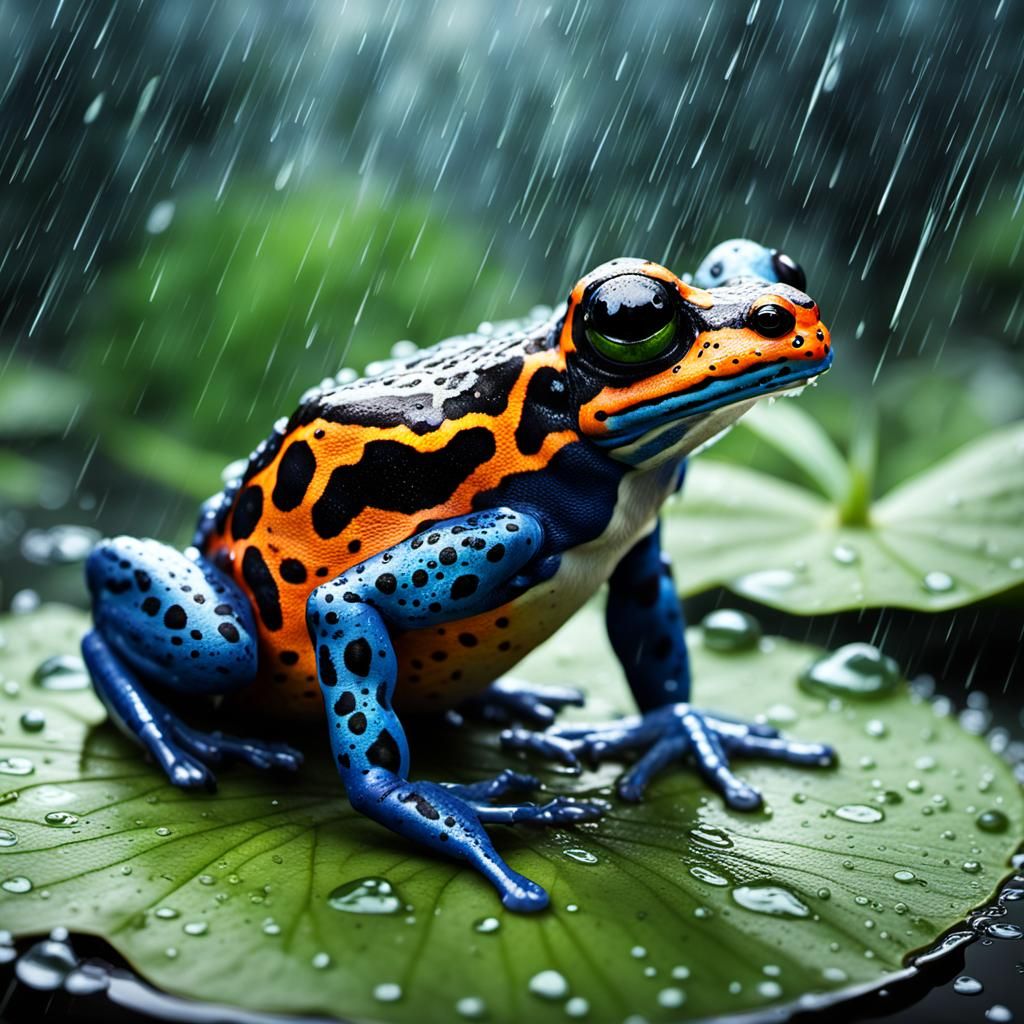 A close up view of a poison dart frog sitting on a lily pad in a rainstorm, large drops of rain splashing in the water