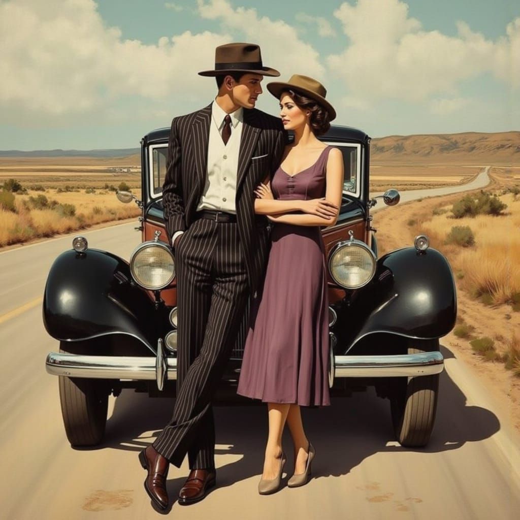 Vintage Roadside Scene in Hopper and Rockwell Style