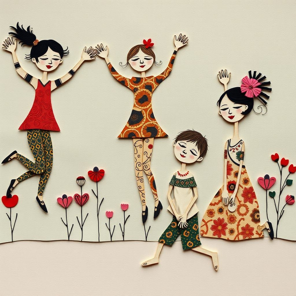 Whimsical Abstract Children in Cut Paper Collage Art