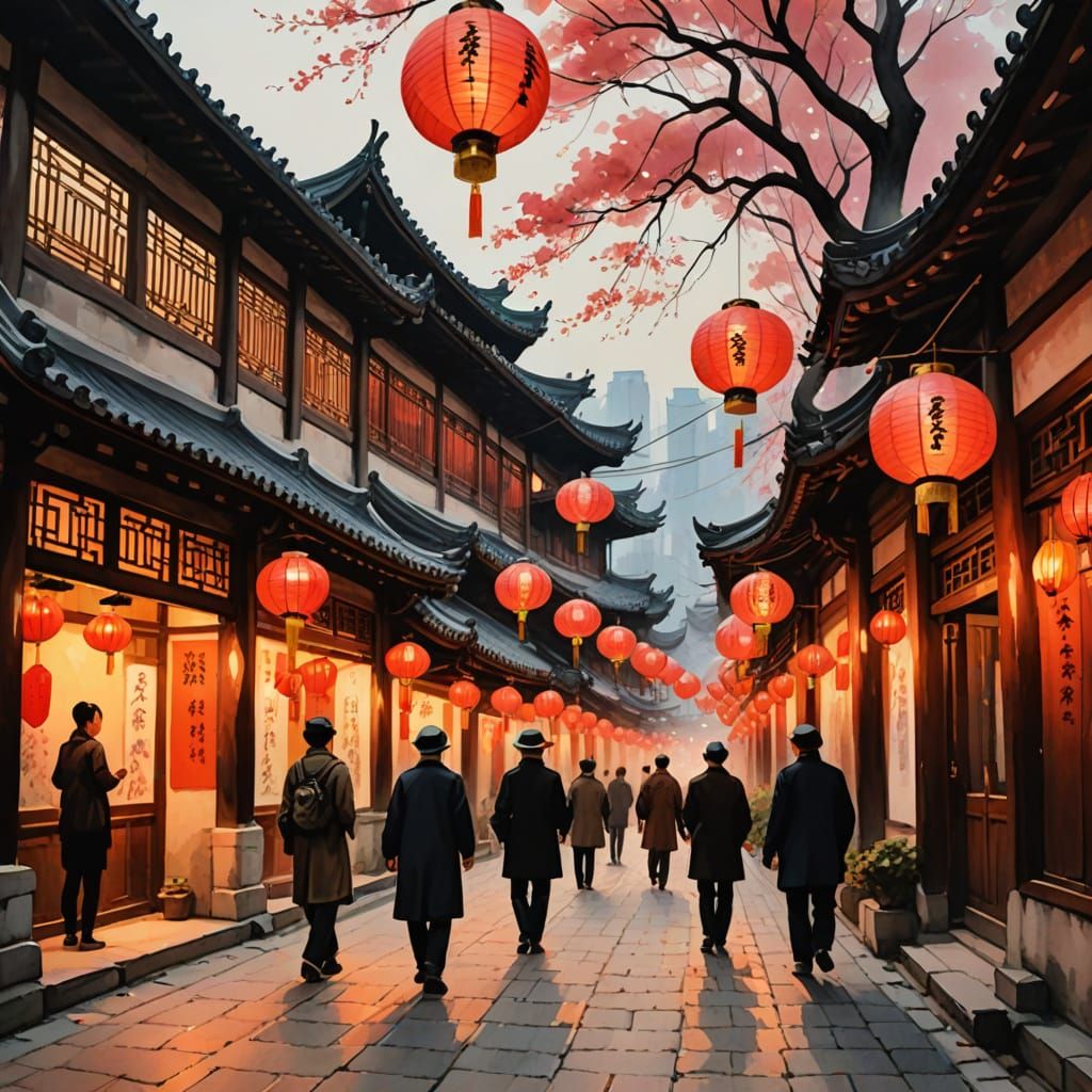 Vibrant Chinese Night Scene with Lanterns and Traditional Ar...